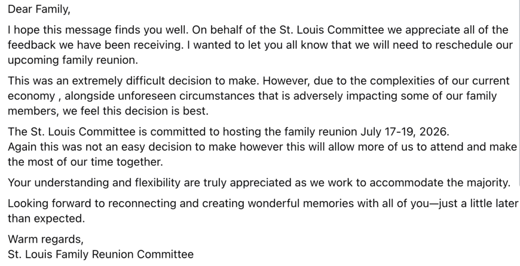 2025 Family Reunion is postponed until 2026